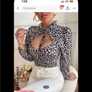 SHEIN Black and Pink Floral Tie Neck Blouse